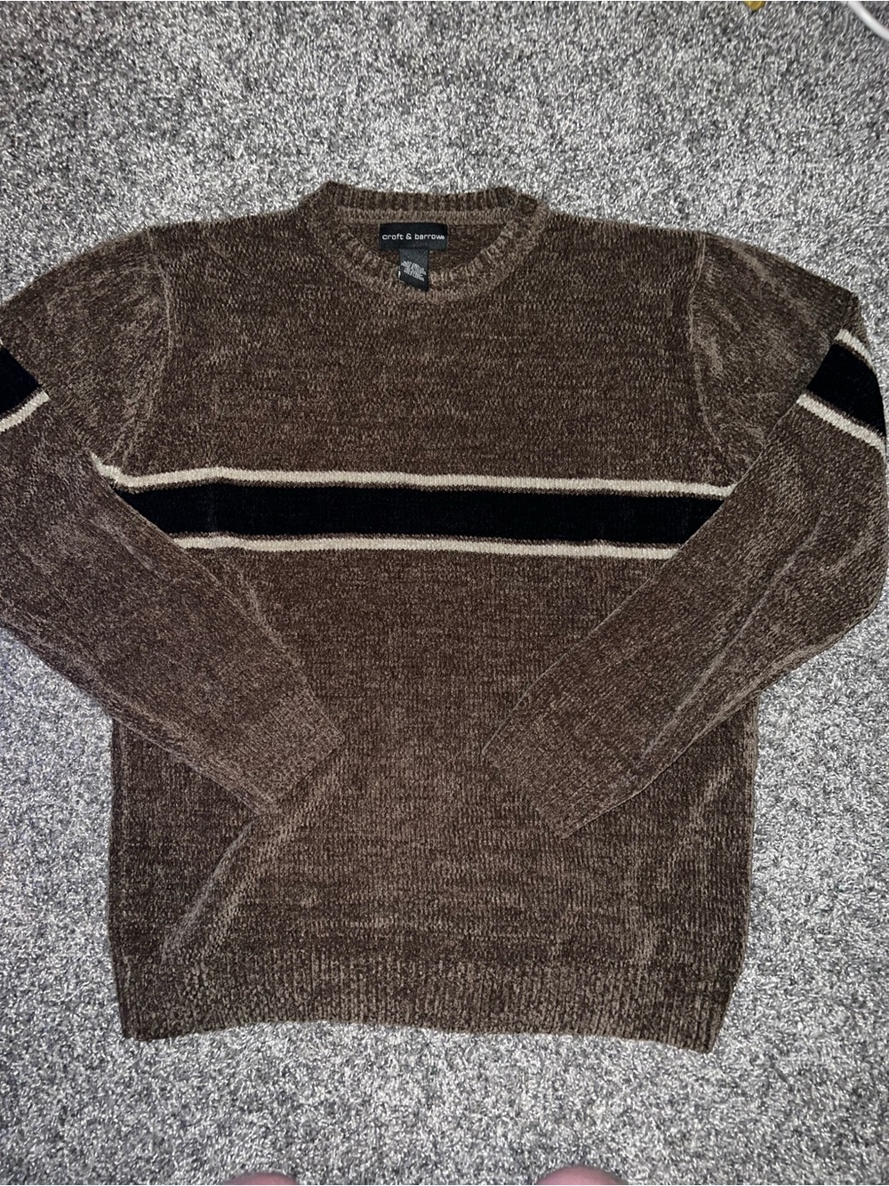 croft & barrow Brown Crewneck Sweater with Black and Cream Stripes